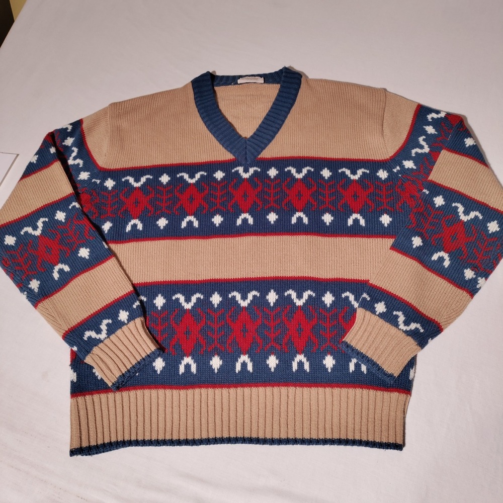 Vintage Montgomery Ward Mens XL V-Neck Acrylic Knit Geometric Sweater Tan Blue